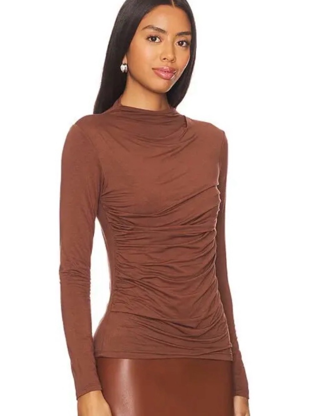 Ruched Long-Sleeve Mock Neck Top - mauve